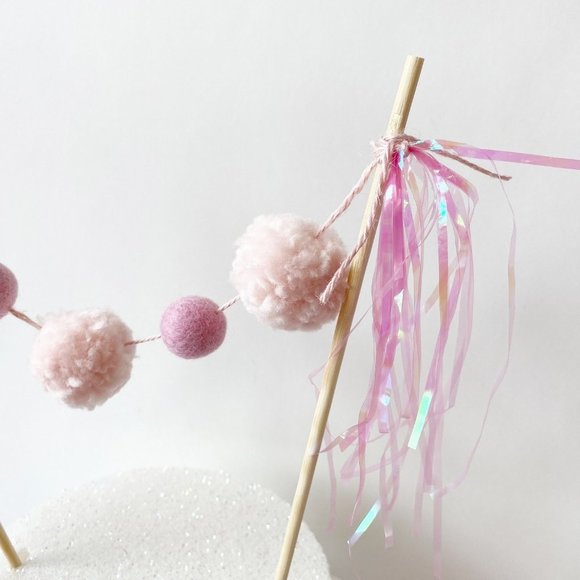 Pastel Pink Pom Pom Felt Ball Cake Topper, Birthday Cake Topper for Girls Decor - Picture 4 of 5